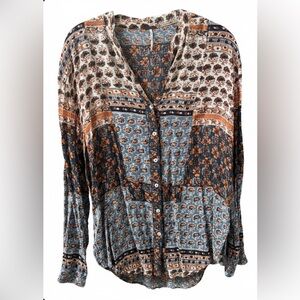 Free People FP One Caravan Patchwork Button Down Blouse Large EUC